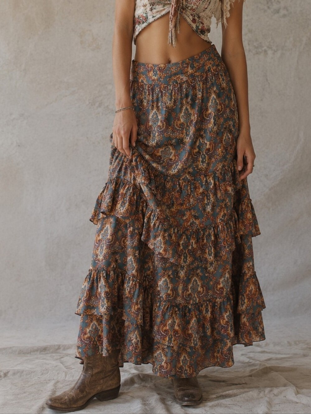 Sundance Boho Tiered Ruffle Maxi Skirt in Teal & Rust Size M